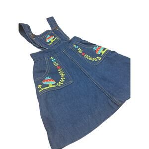 Rare Vintage 4T Girls 90s Cotton Denim Mushroom Embroidered Jumper Overall Dress